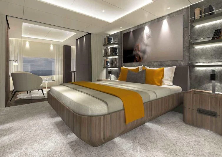 a bed in a room aboard NEVER BLUE Yacht for Sale