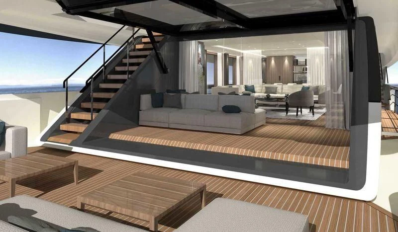 a large room with a large bed and a large window aboard NEVER BLUE Yacht for Sale