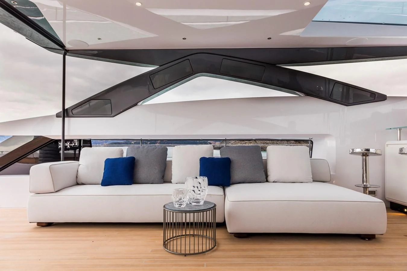 a white couch in a room aboard NEVER BLUE Yacht for Sale