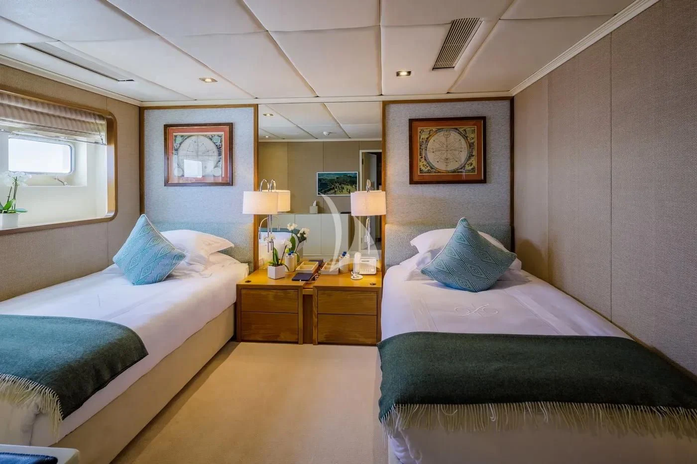 a room with two beds aboard ITOTO Yacht for Charter