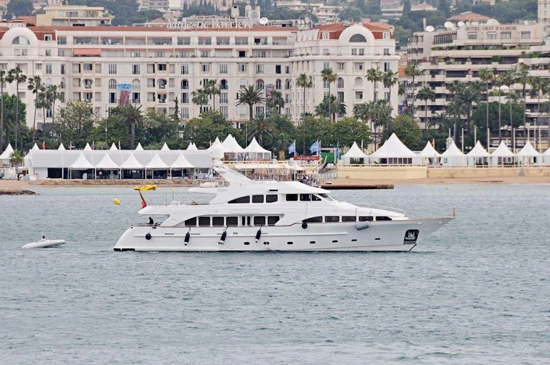a white yacht in the water aboard GALLUS Yacht for Sale