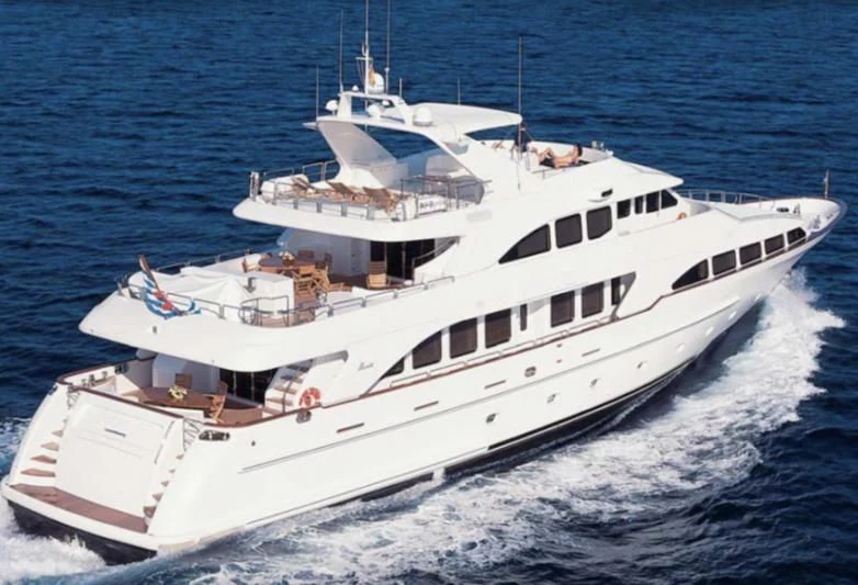 a large white boat on the water aboard GALLUS Yacht for Sale