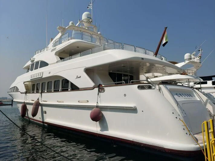 a boat docked at a pier aboard GALLUS Yacht for Sale