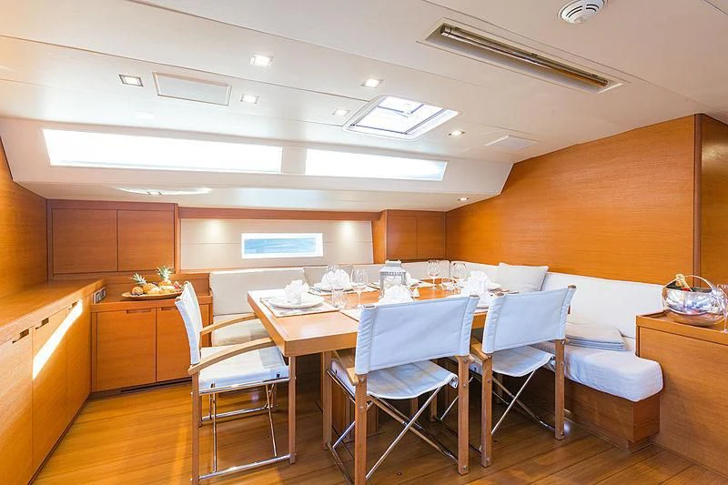 a room with a table chairs and a large window aboard INTO THE SUNSET Yacht for Sale