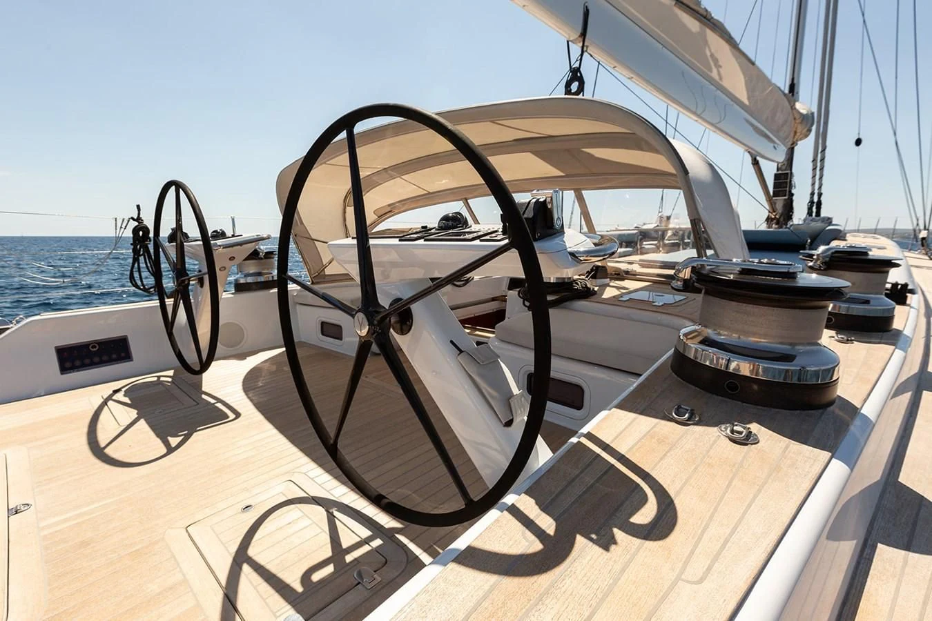 a steering wheel on a boat aboard INTO THE SUNSET Yacht for Sale