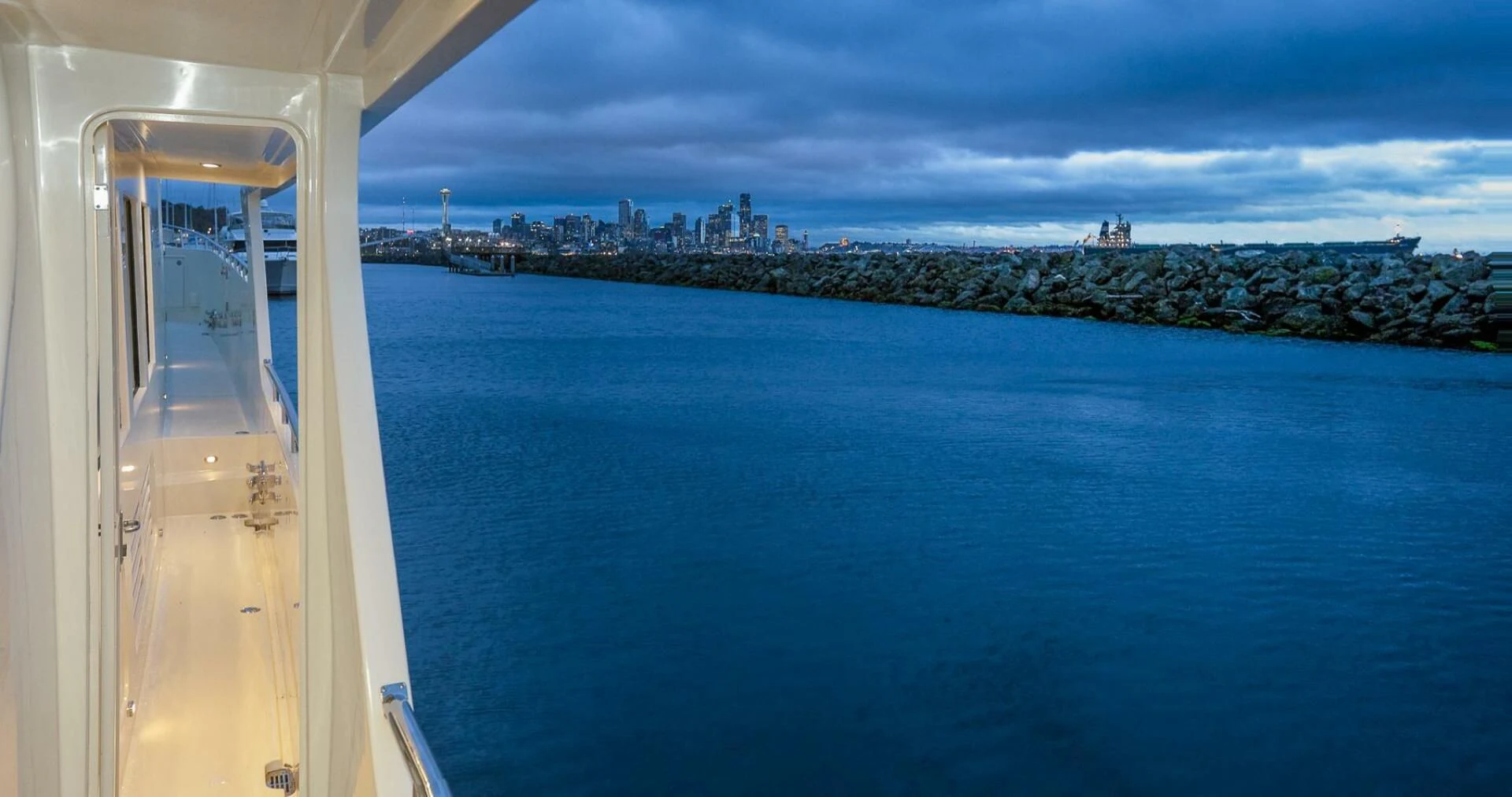 a view of a city from a boat aboard AL DI LA Yacht for Sale