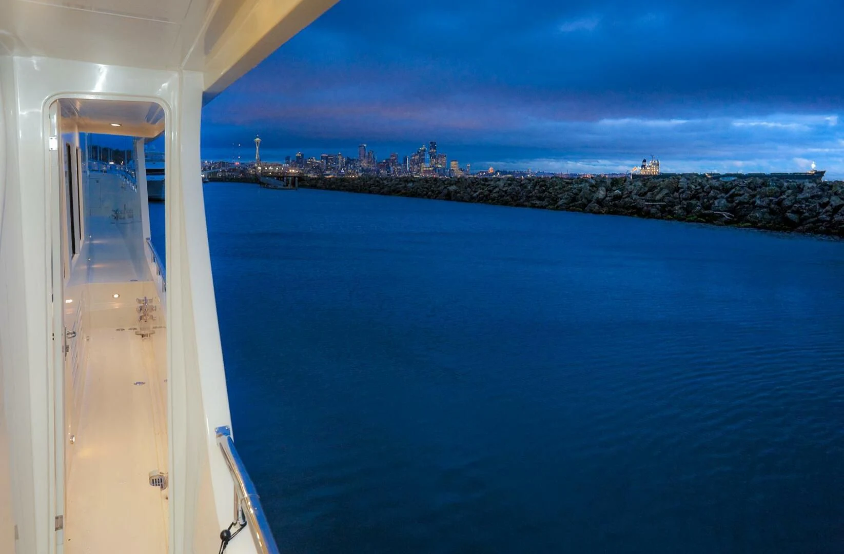 a view of a city from a boat aboard AL DI LA Yacht for Sale