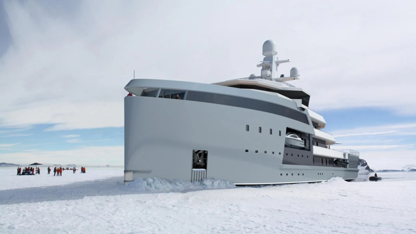 a large white building with a group of people standing in the snow aboard ANAWA Yacht for Sale