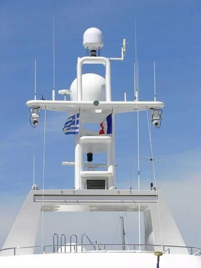 a white and blue satellite dish aboard HUD HUD Yacht for Sale