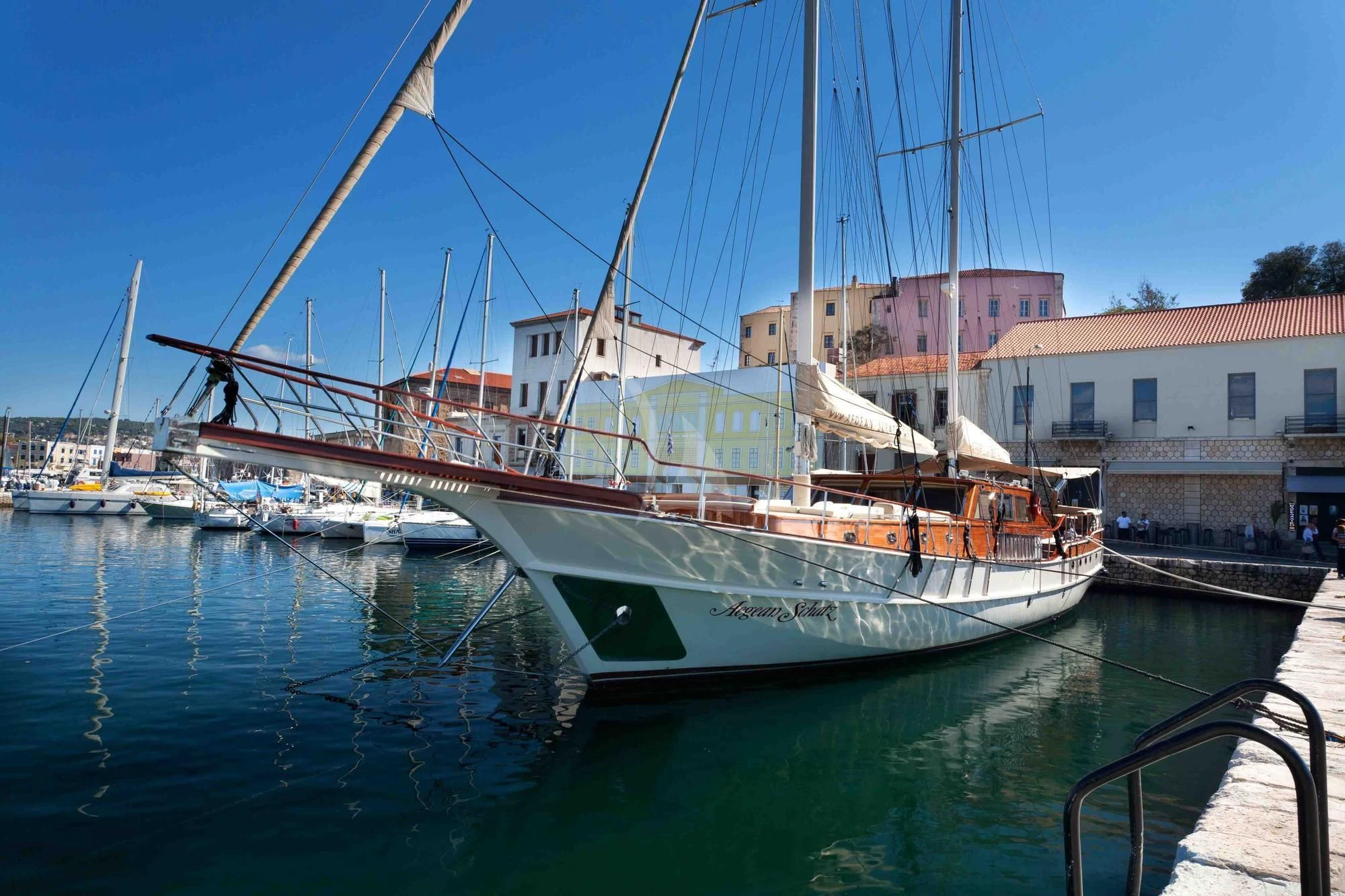 a boat docked at a pier aboard SCHATZ Yacht for Sale