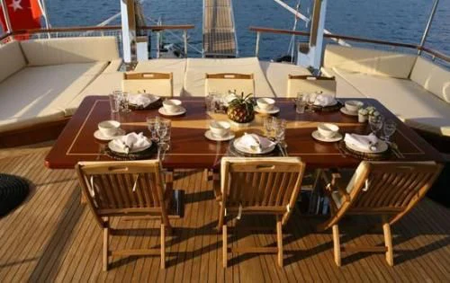 a table set for a dinner aboard SCHATZ Yacht for Sale