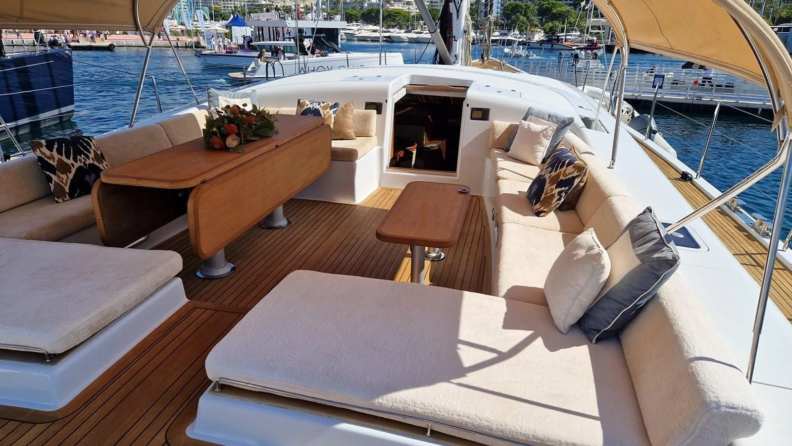 a boat with a table and chairs on it aboard MEDUSA Yacht for Sale