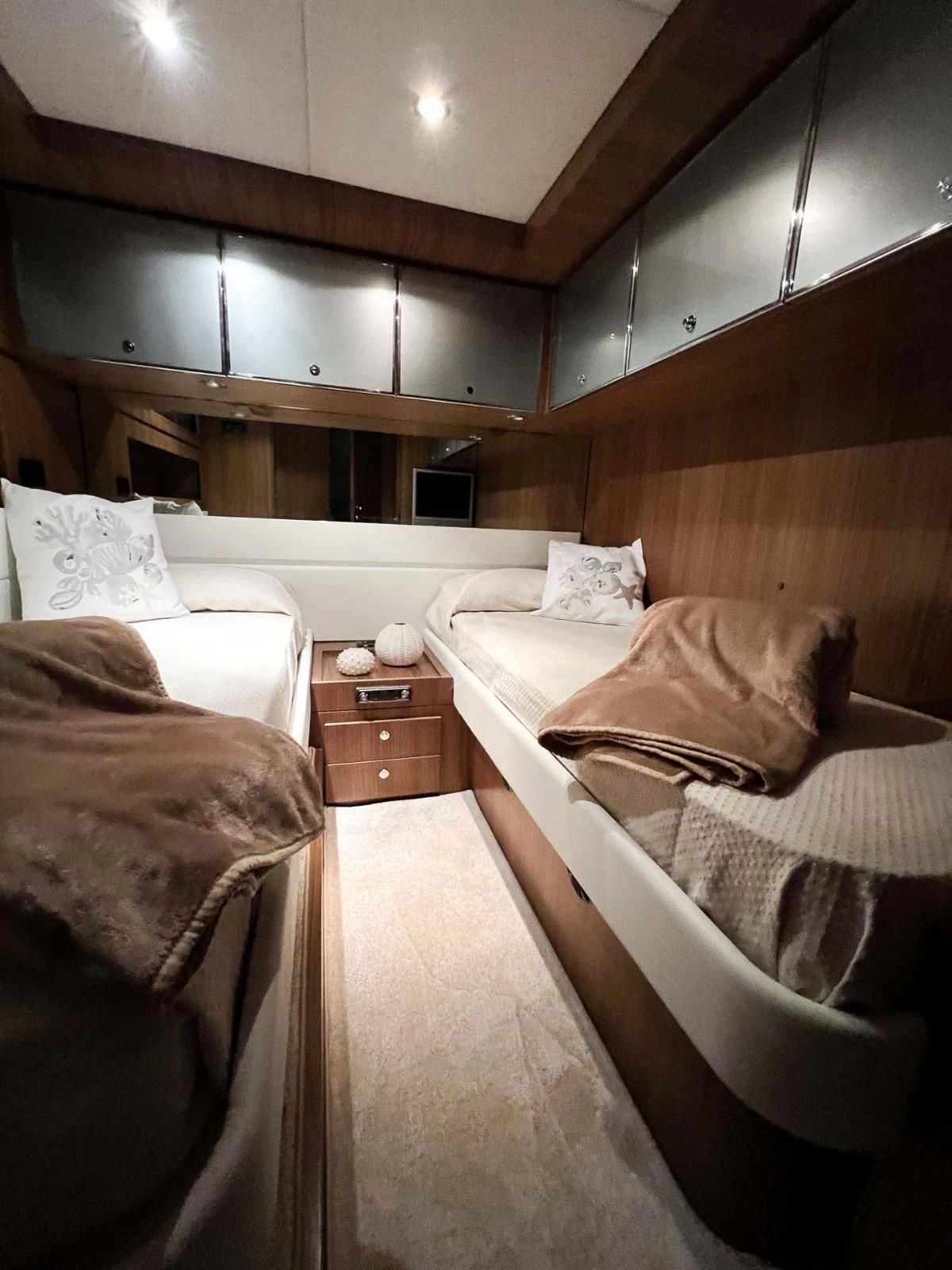 a room with two beds aboard ALTER EGO Yacht for Sale