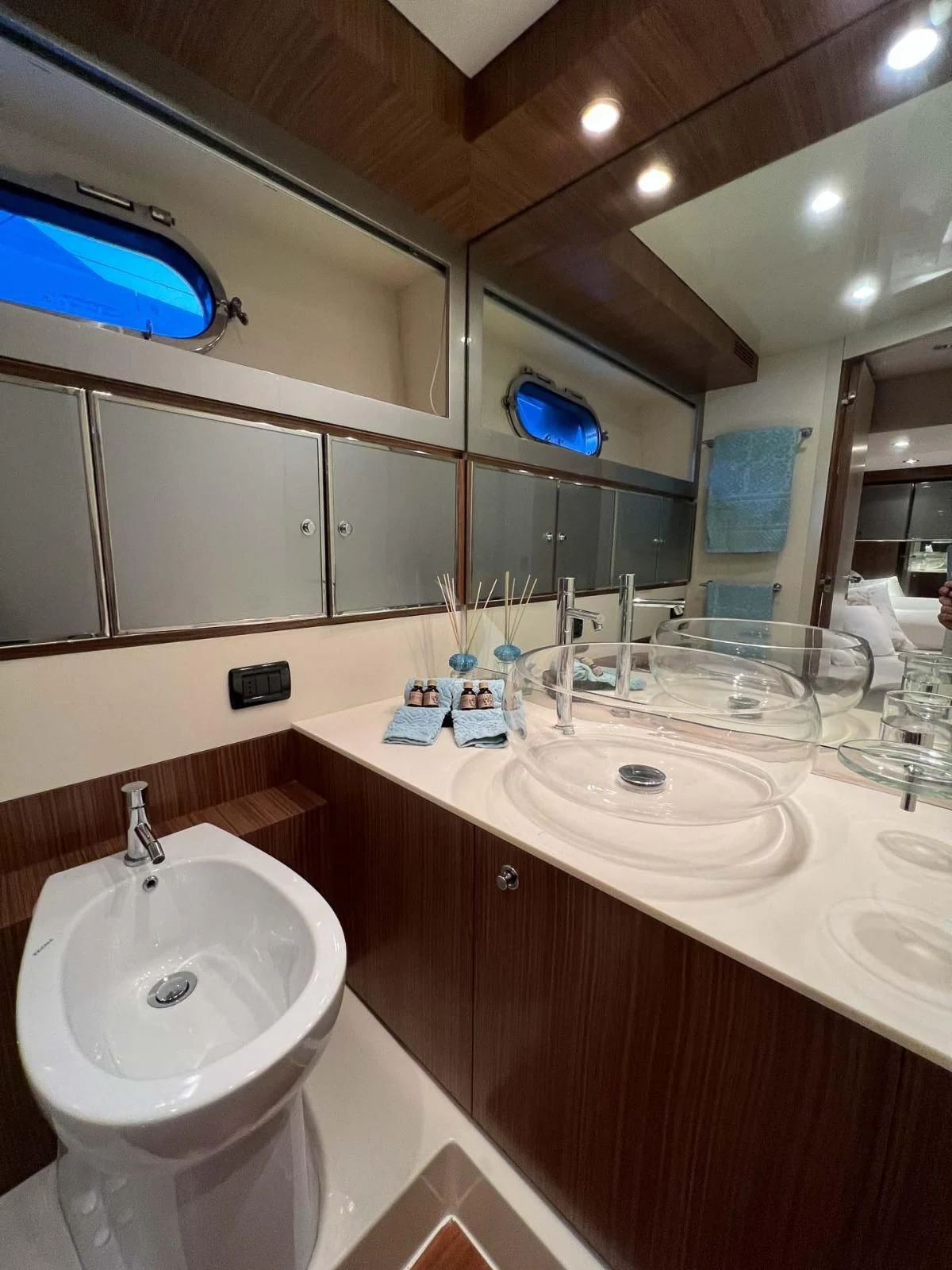 a bathroom with a sink and a mirror aboard ALTER EGO Yacht for Sale