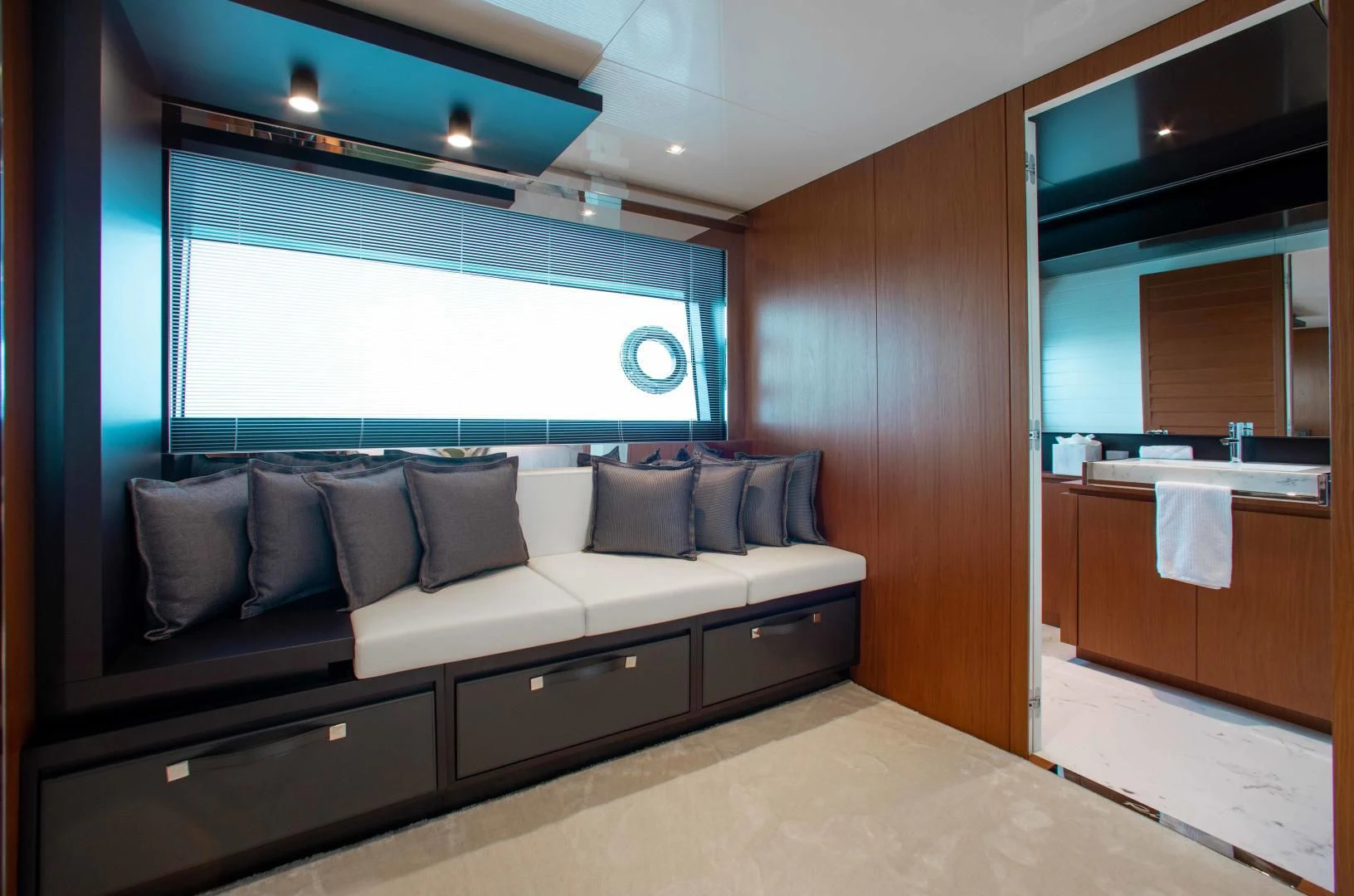 a bed in a room aboard KIYOMIZU Yacht for Sale