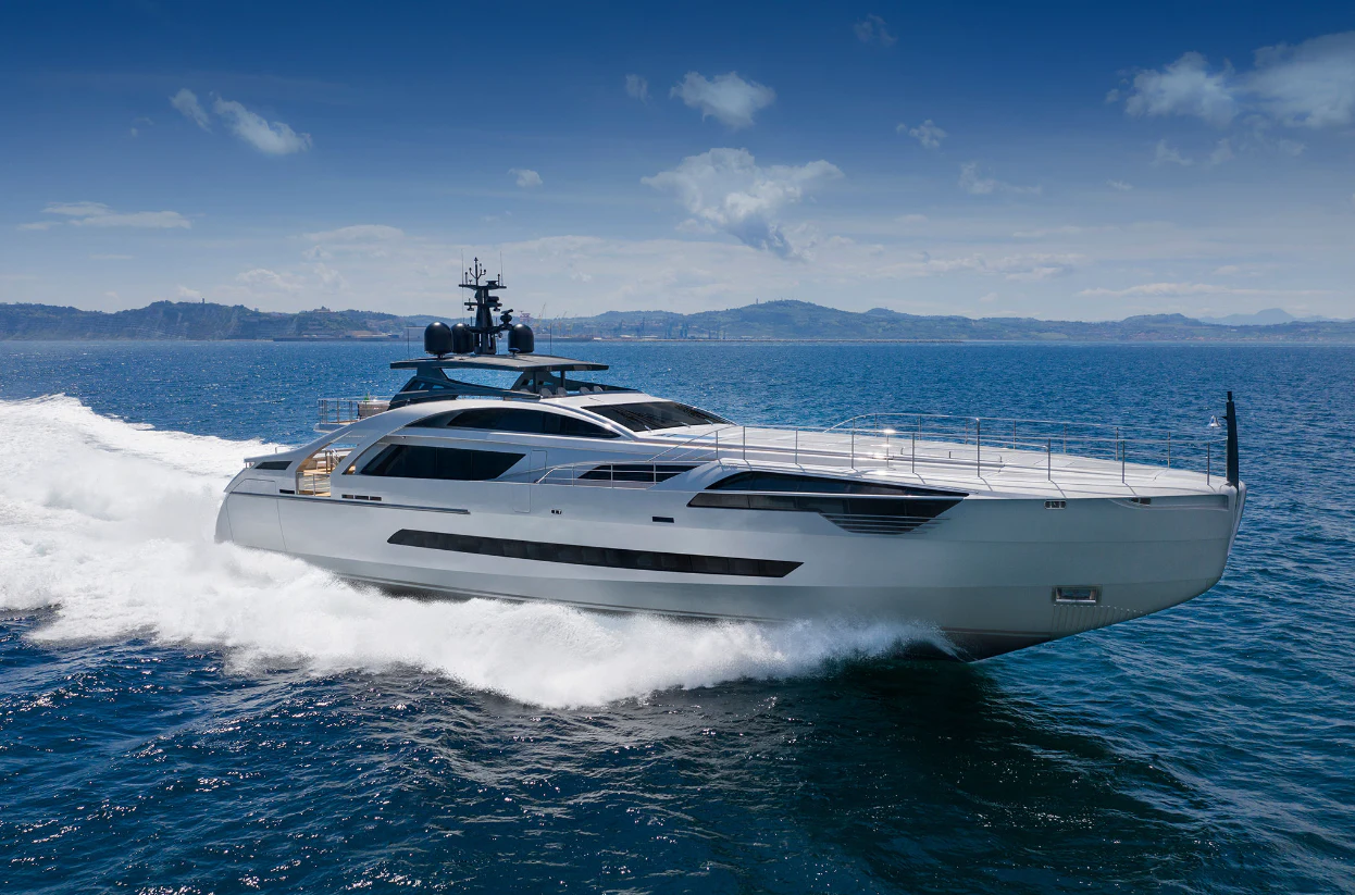 a white yacht on the water aboard PERSHING 140 Yacht for Sale