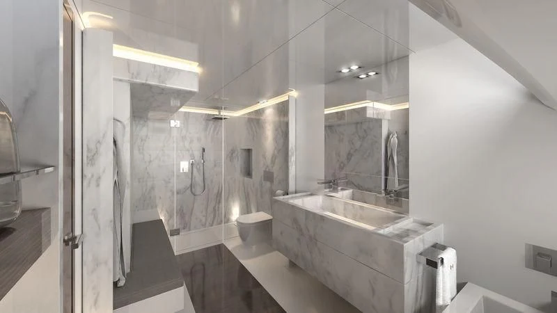 a bathroom with a sink and a mirror aboard AMIRA Yacht for Sale