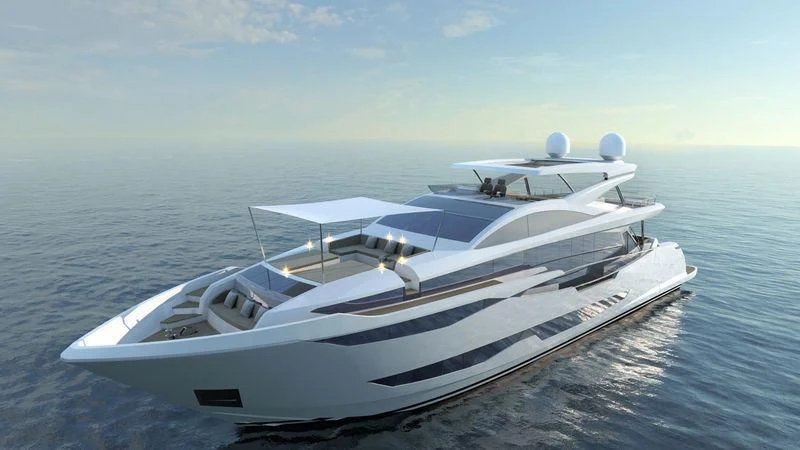 a white boat on the water aboard AMIRA Yacht for Sale