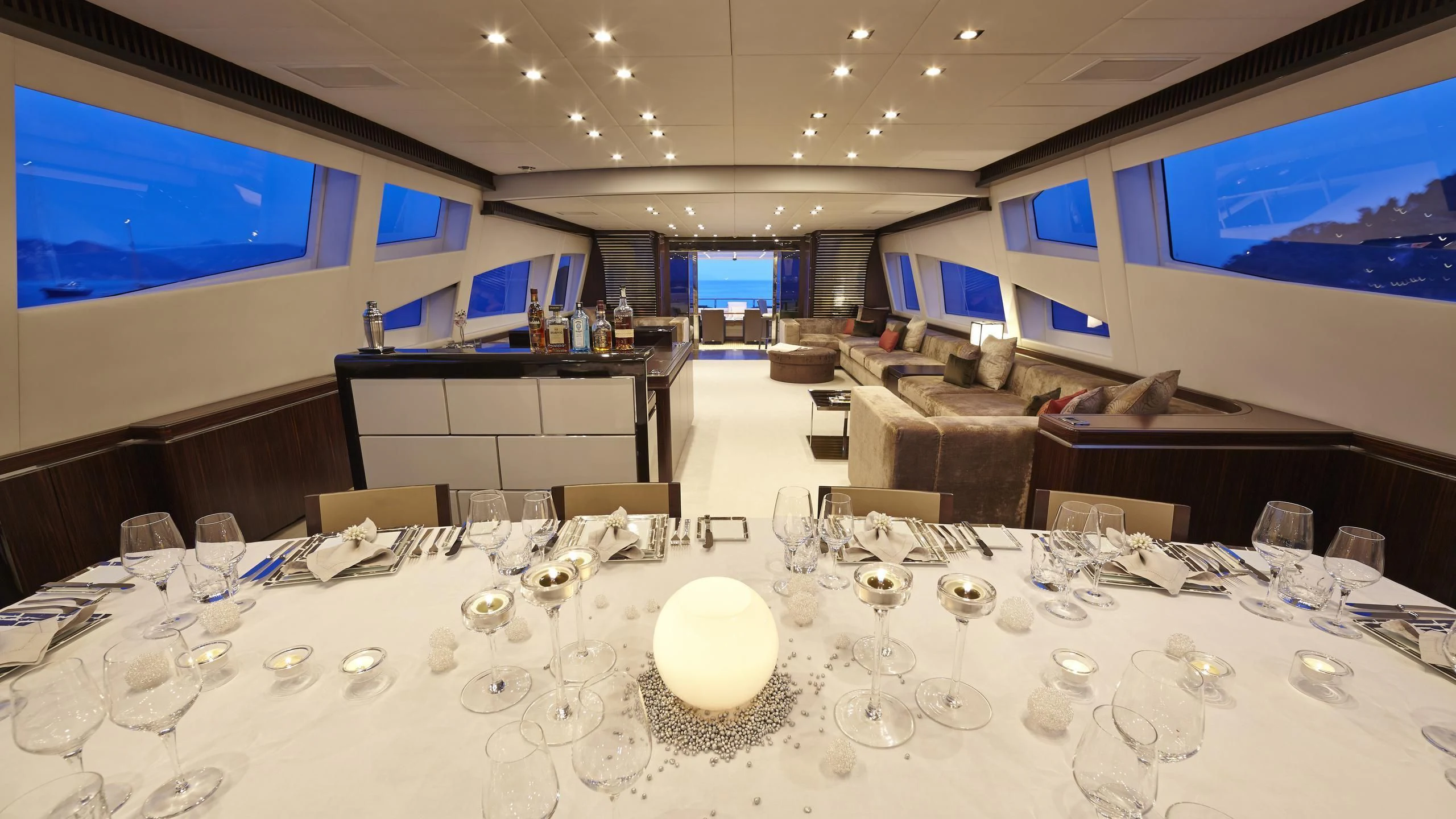 a room with many tables and chairs aboard ANTELOPE III Yacht for Sale