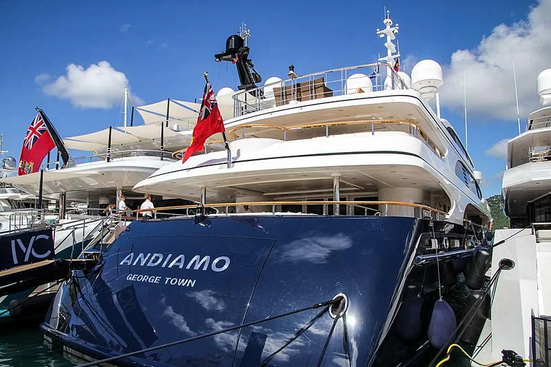 a large cruise ship docked aboard ANDIAMO Yacht for Sale