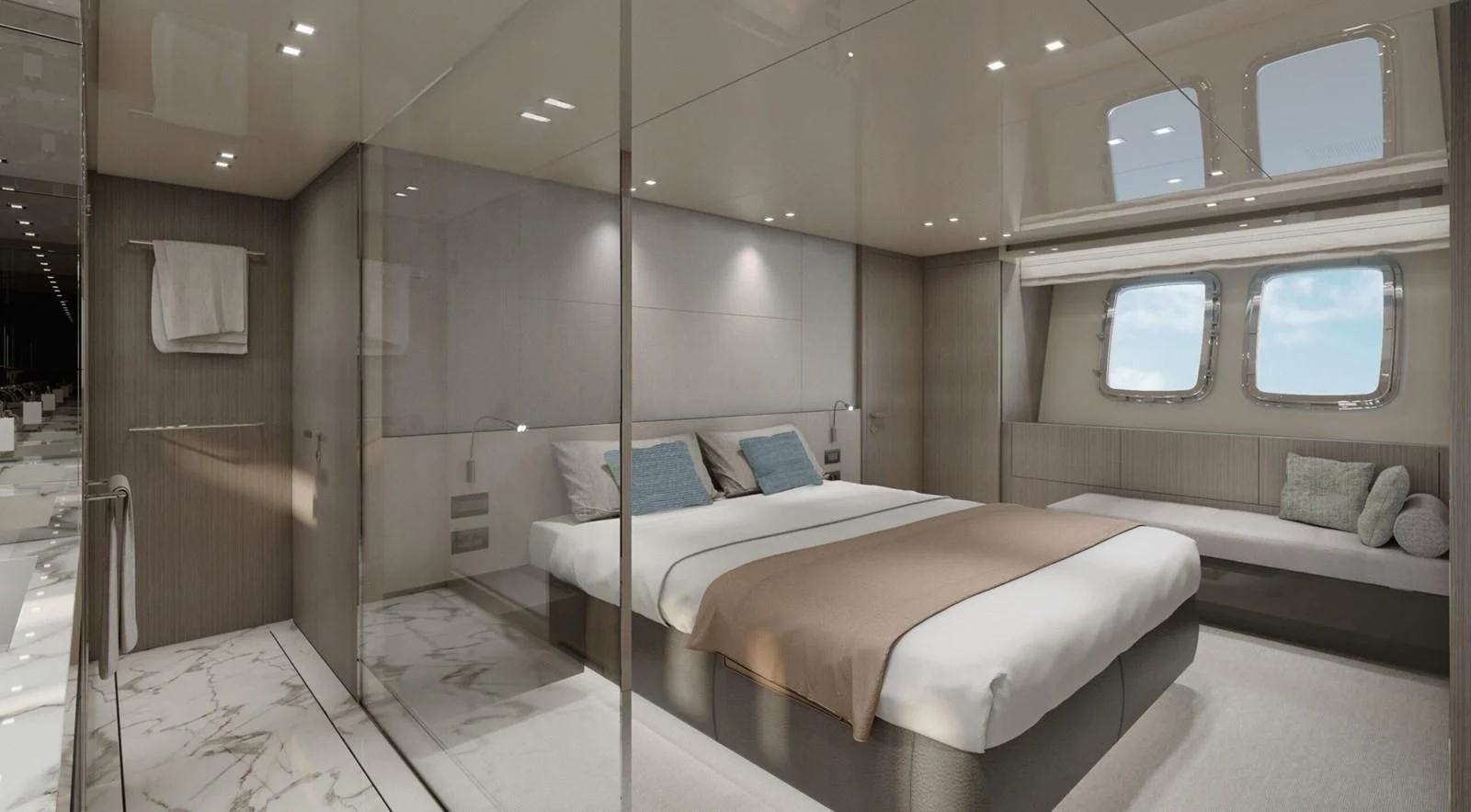 a room with two beds aboard 2020 SANLORENZO SX88 #43 Yacht for Sale