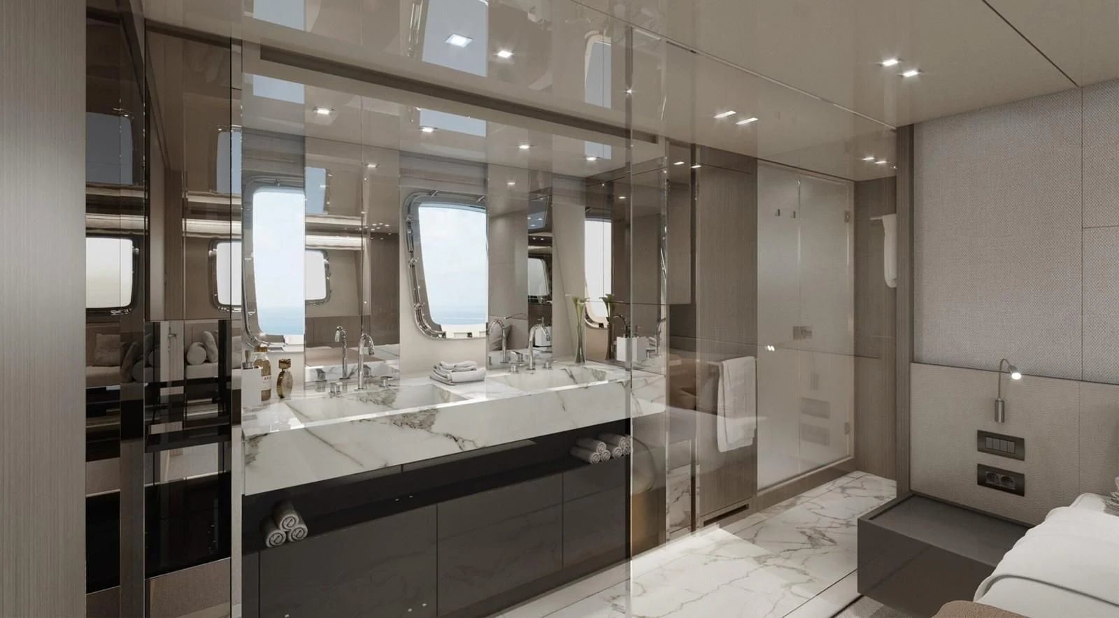 a bathroom with a large mirror aboard 2020 SANLORENZO SX88 #43 Yacht for Sale
