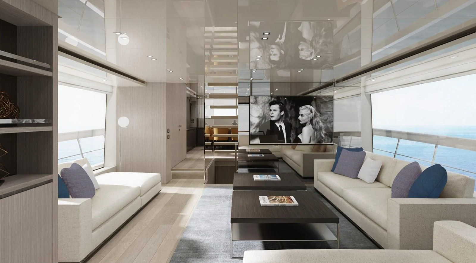 a living room with a large tv aboard 2020 SANLORENZO SX88 #43 Yacht for Sale