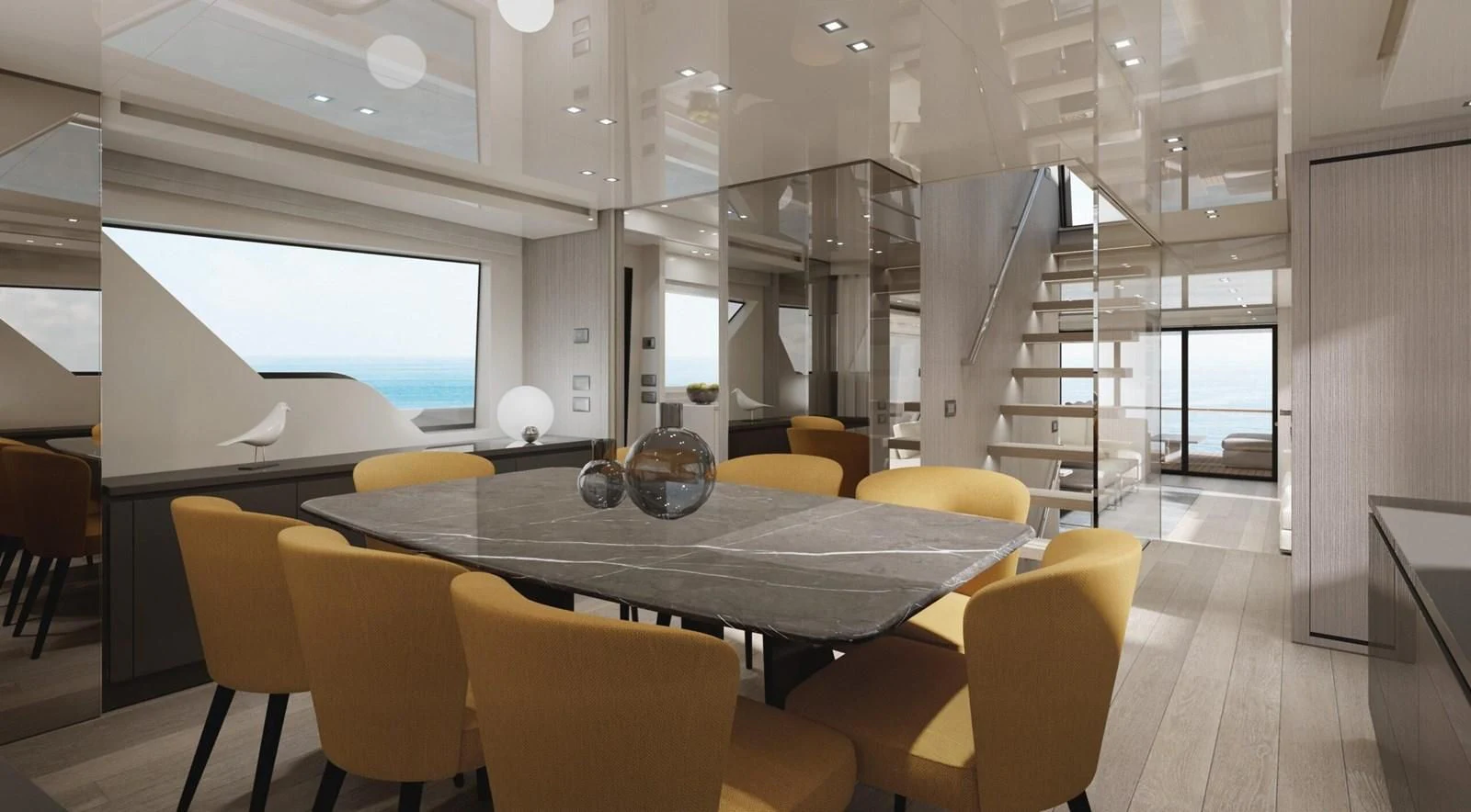 a room with a table and chairs aboard 2020 SANLORENZO SX88 #43 Yacht for Sale