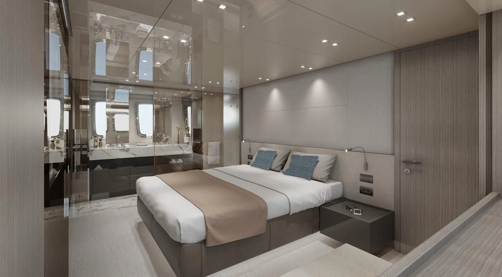 a room with a bed and a desk aboard 2020 SANLORENZO SX88 #43 Yacht for Sale