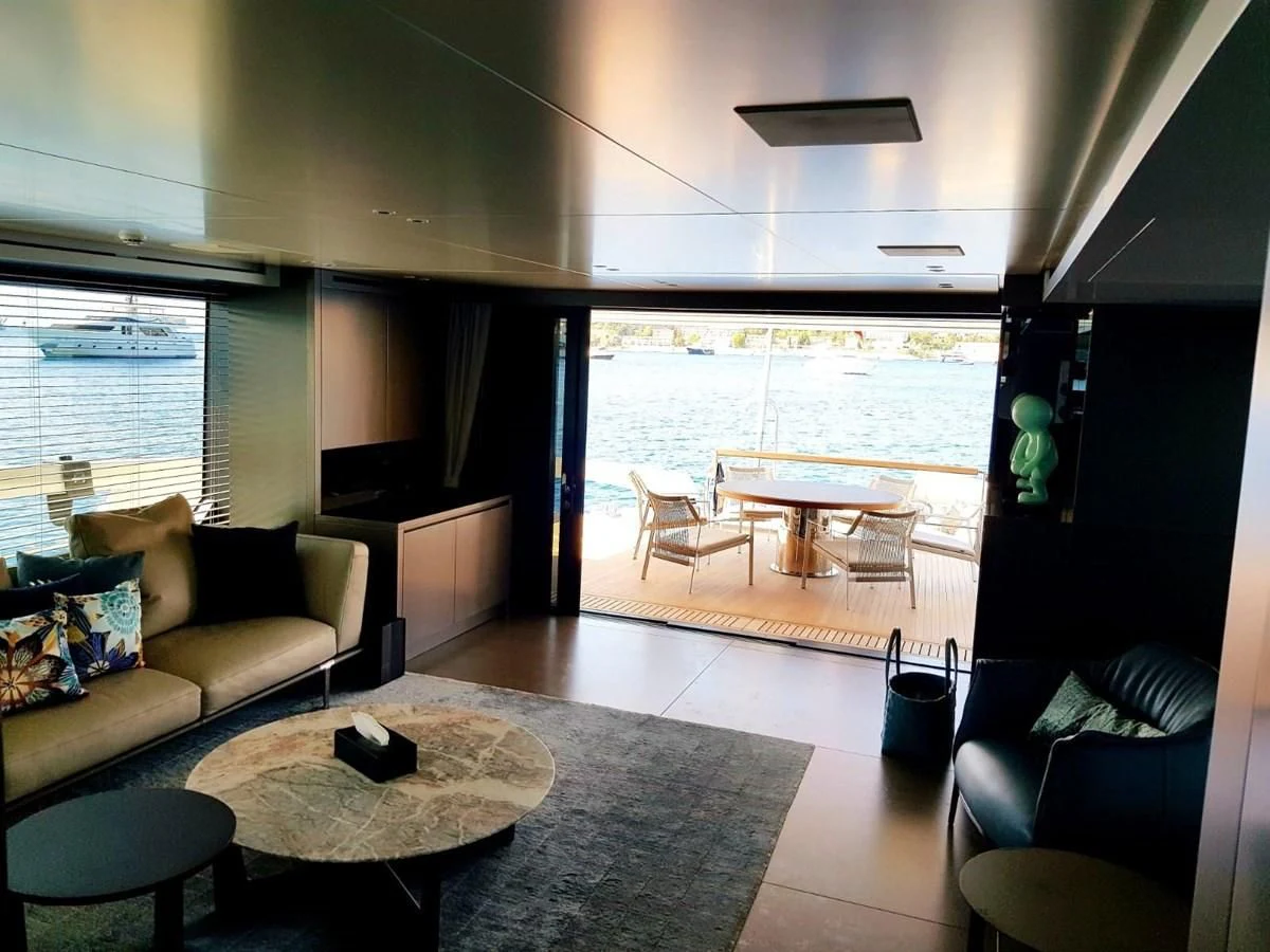 a living room with a large window aboard 2020 SANLORENZO SX88 #43 Yacht for Sale