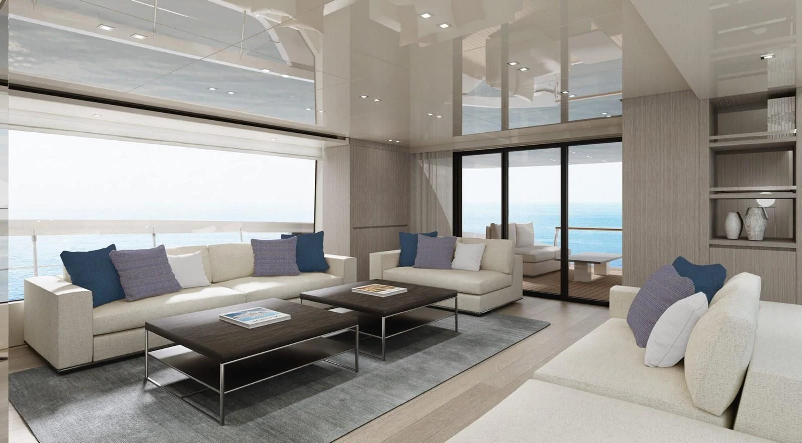 a living room with a couch and a coffee table aboard 2020 SANLORENZO SX88 #43 Yacht for Sale