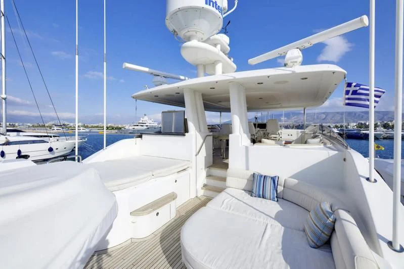 a white boat with a satellite dish on it aboard HATATY Yacht for Sale