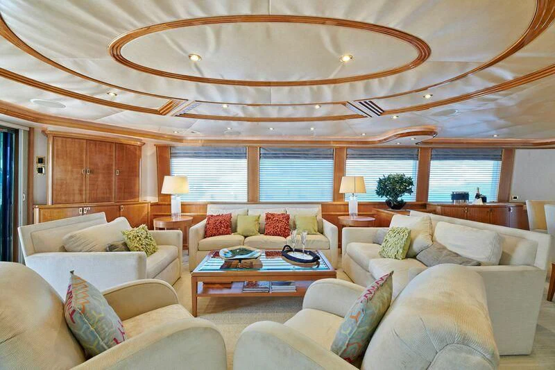a living room with a large ceiling aboard HATATY Yacht for Sale