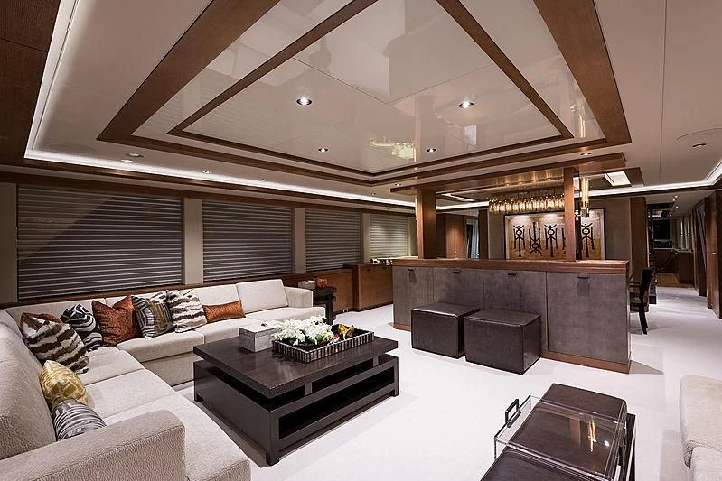 a living room with a large wood ceiling aboard HAT TRICK Yacht for Sale
