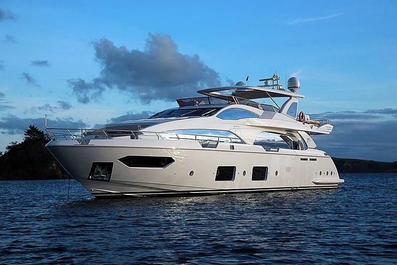 a white yacht on the water aboard ESTEL OF IBIZA Yacht for Sale