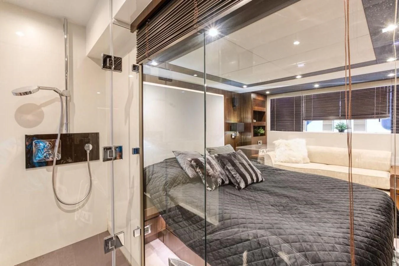 a bed in a room aboard LANA 1 Yacht for Sale