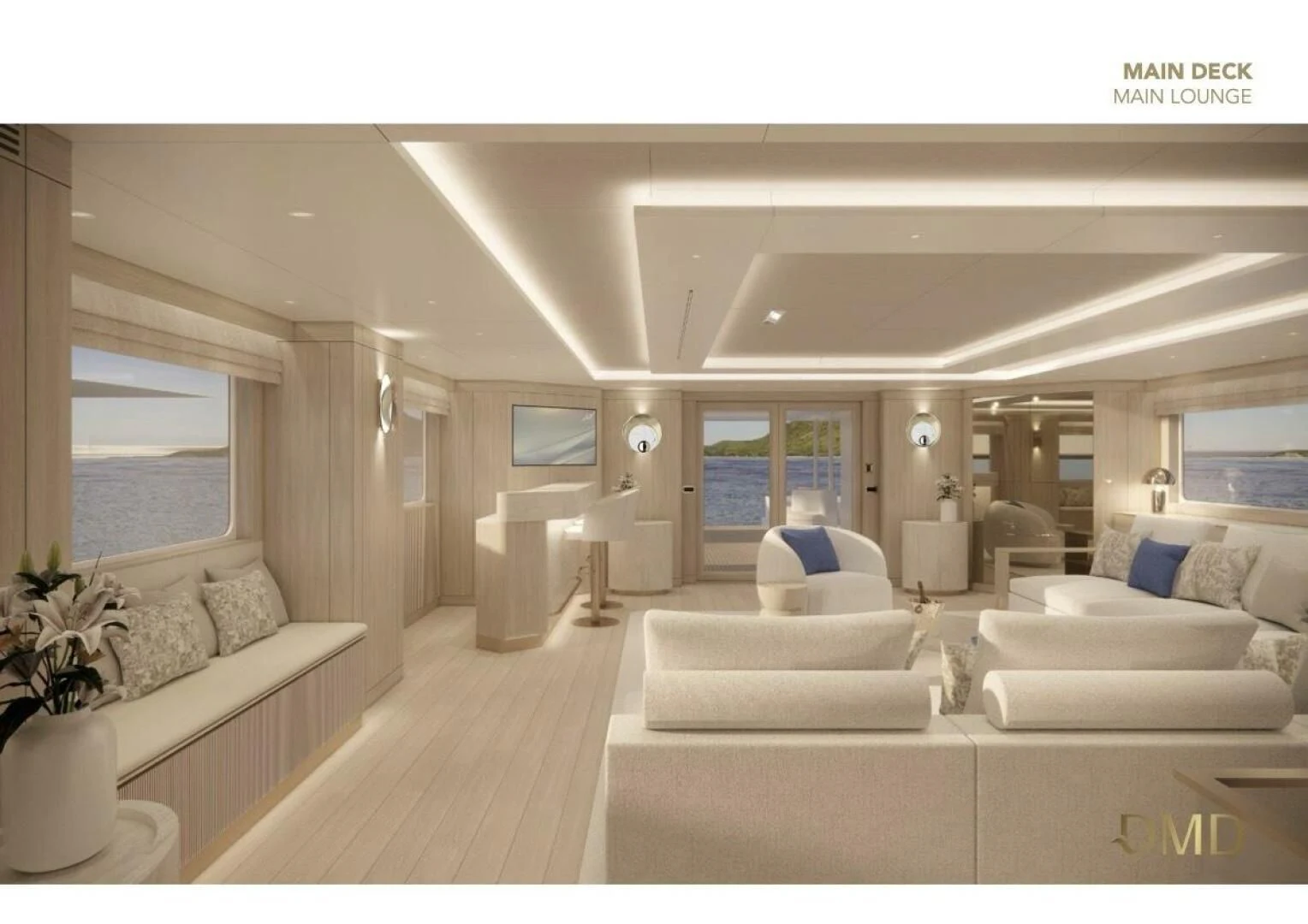 a living room with a large window aboard AO Yacht for Sale