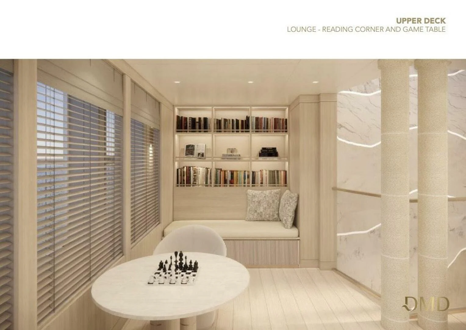 a living room with a couch and a table aboard AO Yacht for Sale
