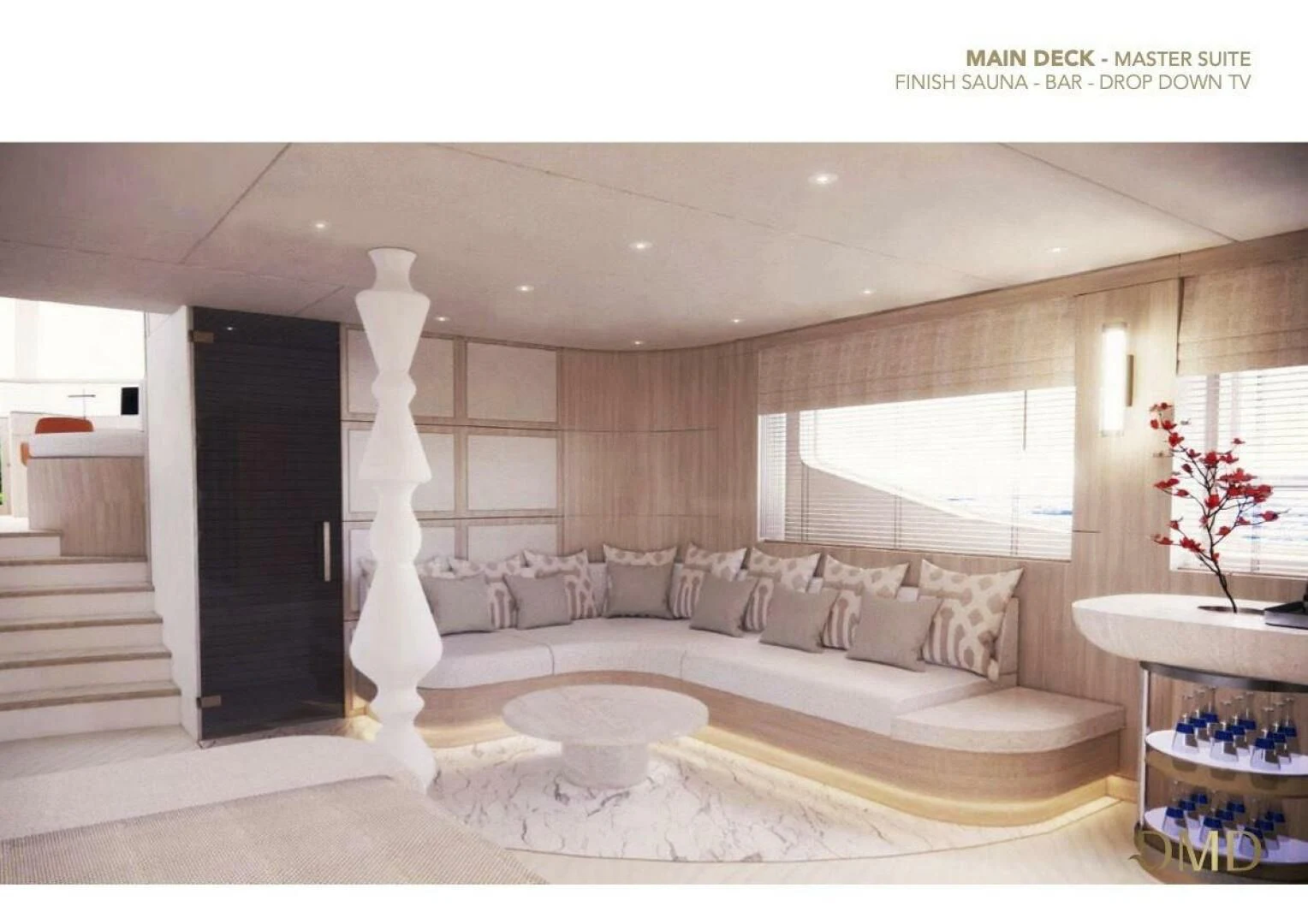 a large white bed in a room aboard AO Yacht for Sale