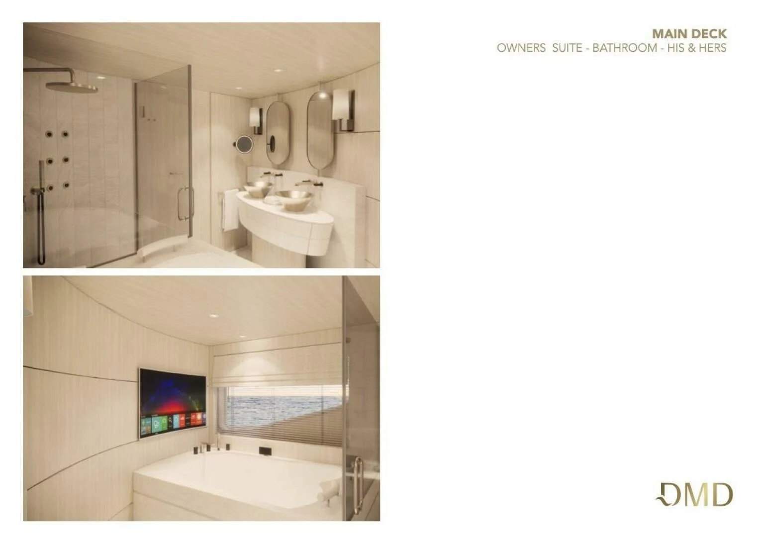 a bathroom with a television and bathtub aboard AO Yacht for Sale