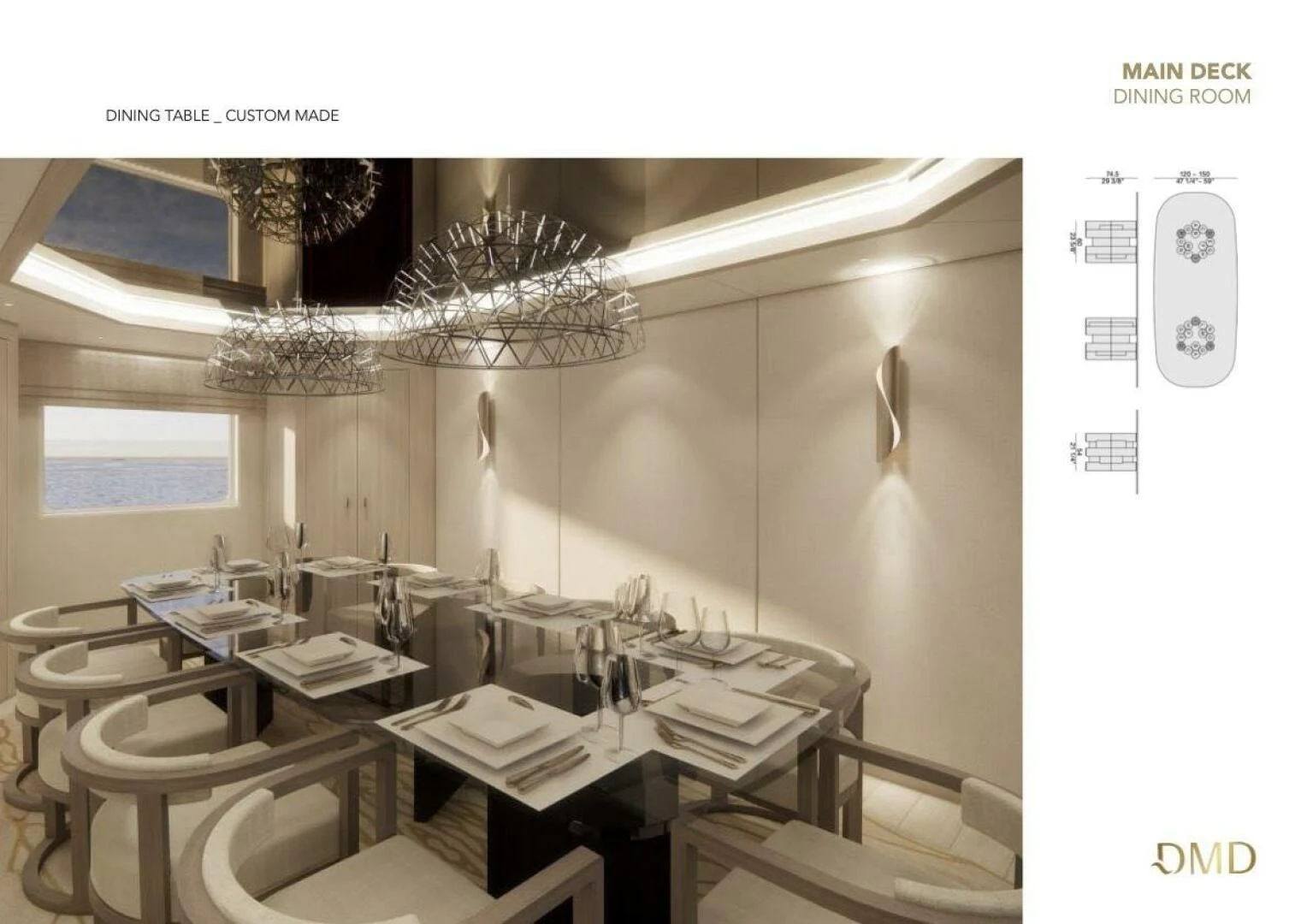 a room with tables and chairs aboard AO Yacht for Sale
