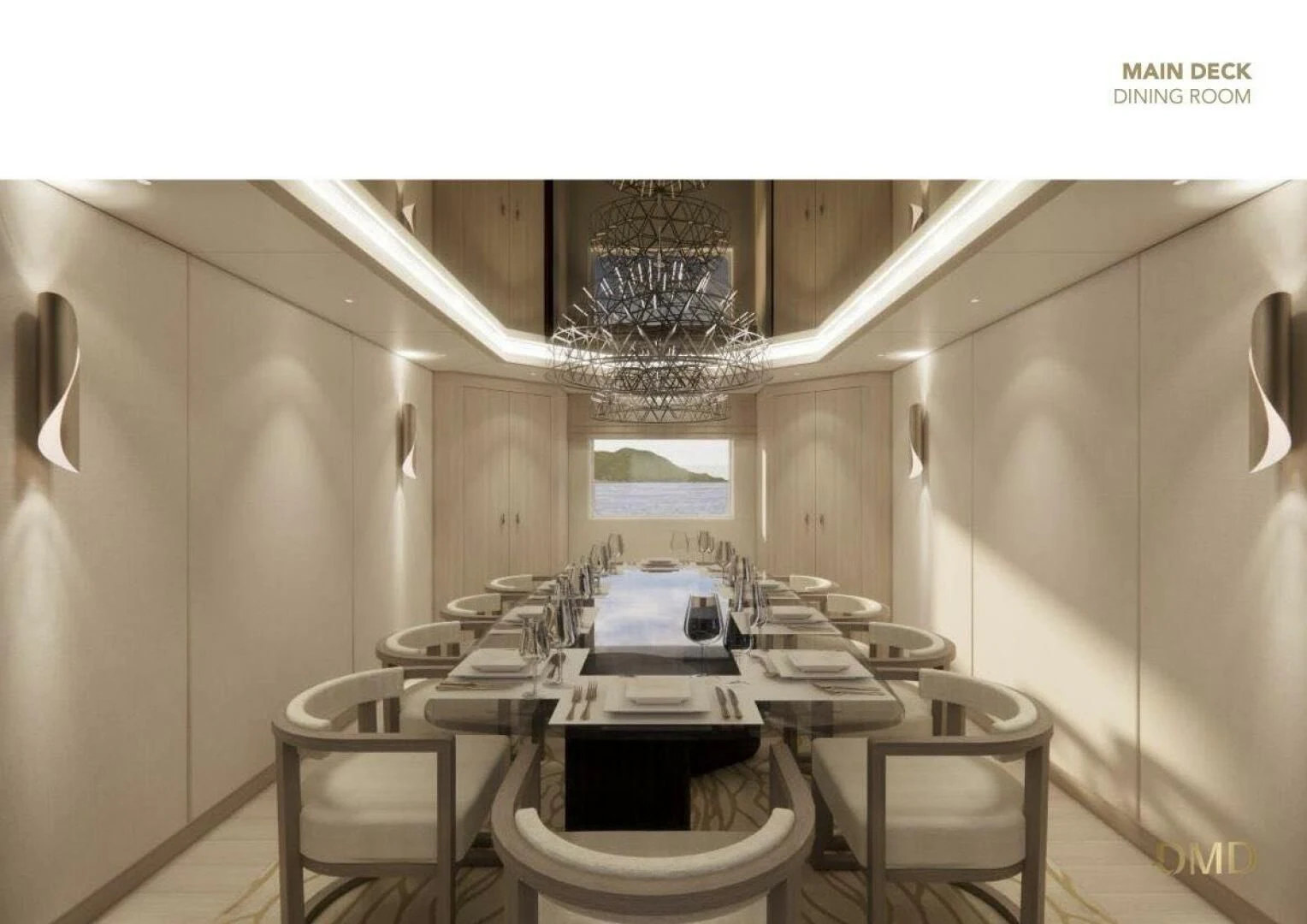 a large dining room with a chandelier aboard AO Yacht for Sale