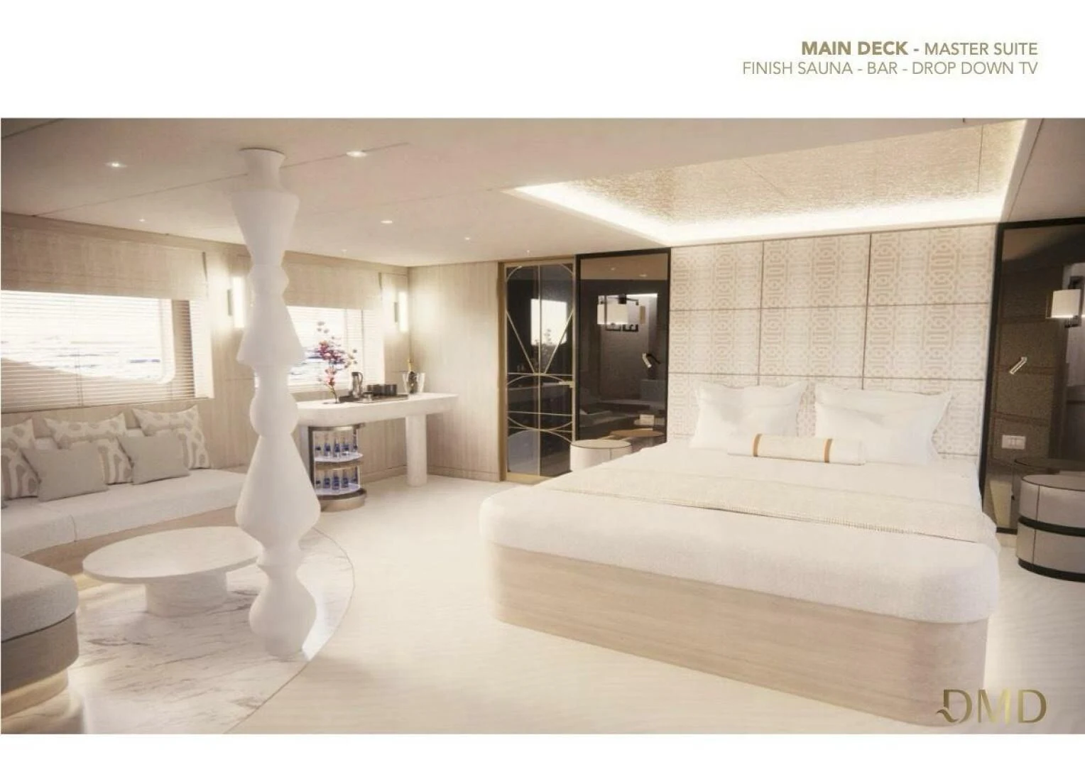 a room with a bed and a desk aboard AO Yacht for Sale