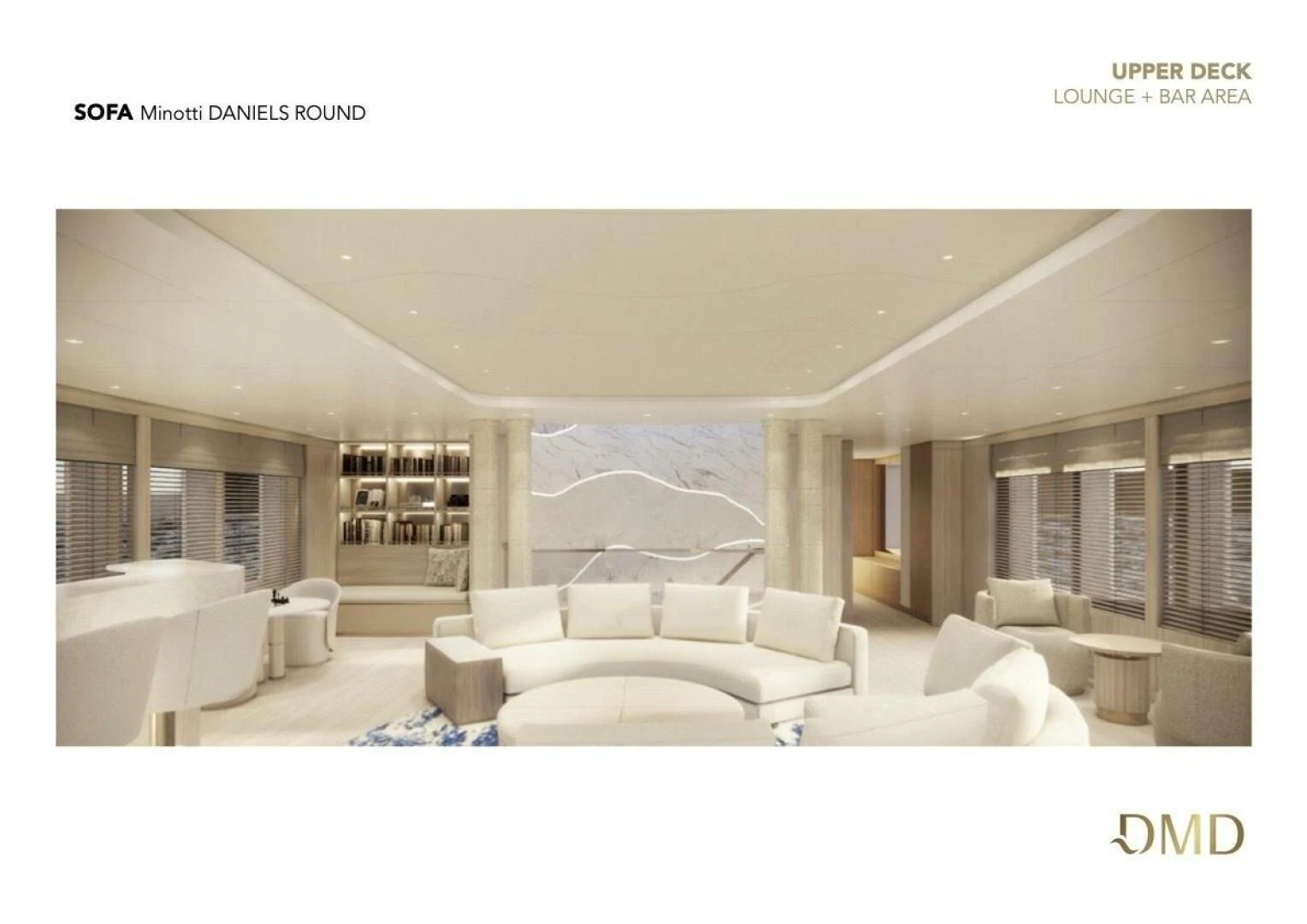 a large living room with white furniture aboard AO Yacht for Sale