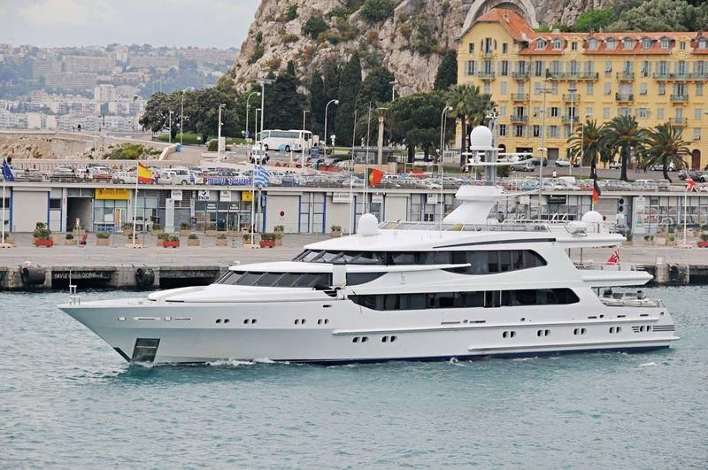 a yacht docked at a port aboard AO Yacht for Sale