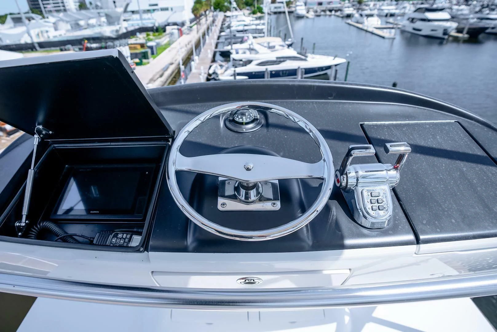 the steering wheel and dashboard of a car aboard THE PROVIDER Yacht for Sale