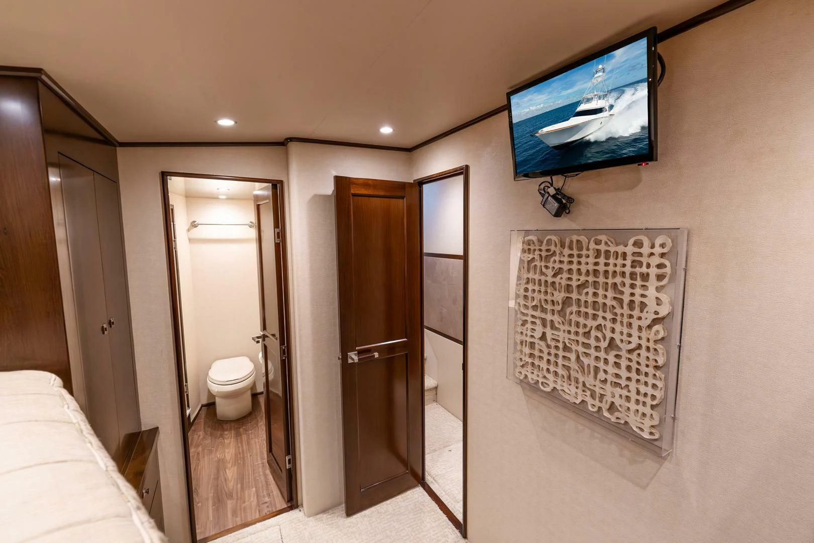 a bathroom with a large mirror aboard THE PROVIDER Yacht for Sale