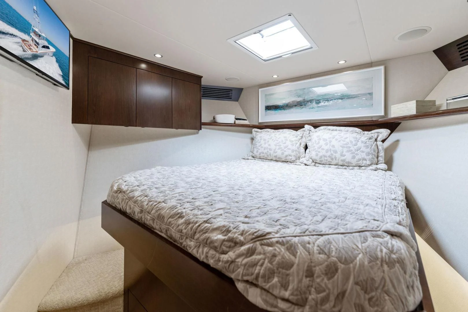 a bed with white sheets aboard THE PROVIDER Yacht for Sale
