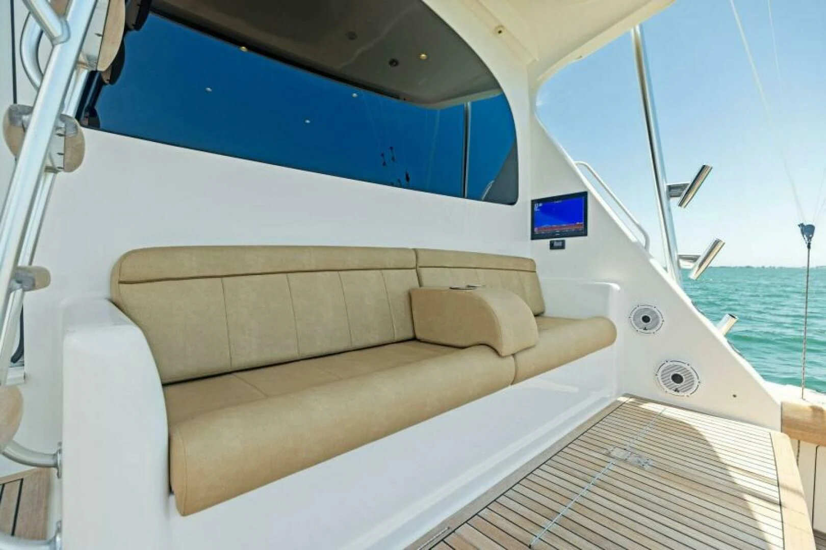 a boat with a couch aboard THE PROVIDER Yacht for Sale