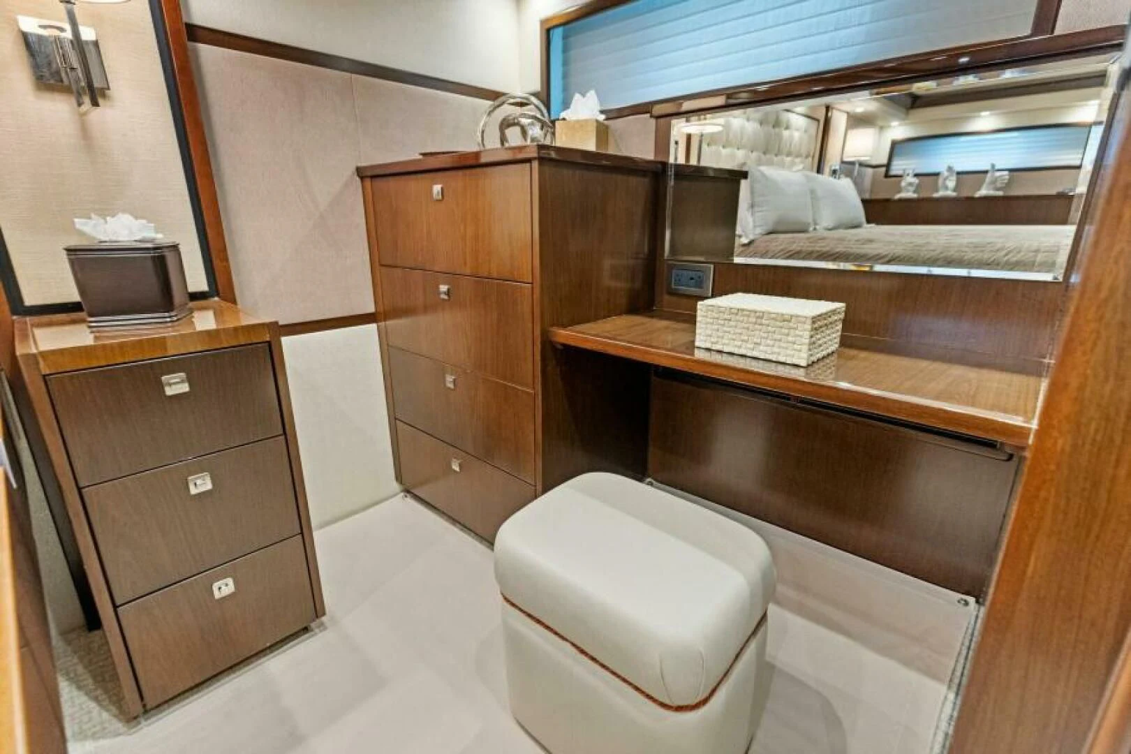 a room with a bed and desk aboard THE PROVIDER Yacht for Sale